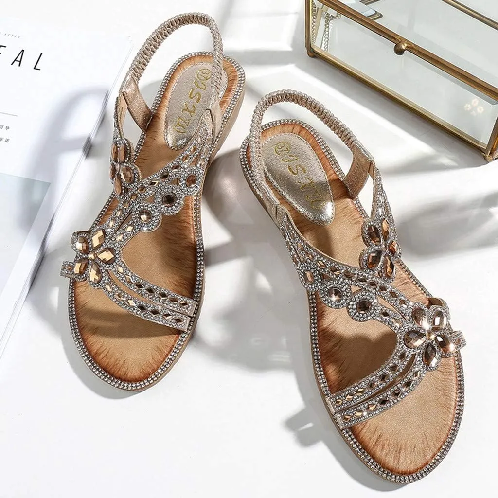 Sandals Women Comfort Flat Heel Summer Sandal Open Toe Dress Sandals Elastic Ankle Strap Rhinestone Bohemian Sandals