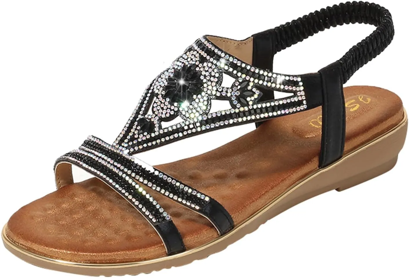Sandals Women Comfort Flat Heel Summer Sandal Open Toe Dress Sandals Elastic Ankle Strap Rhinestone Bohemian Sandals