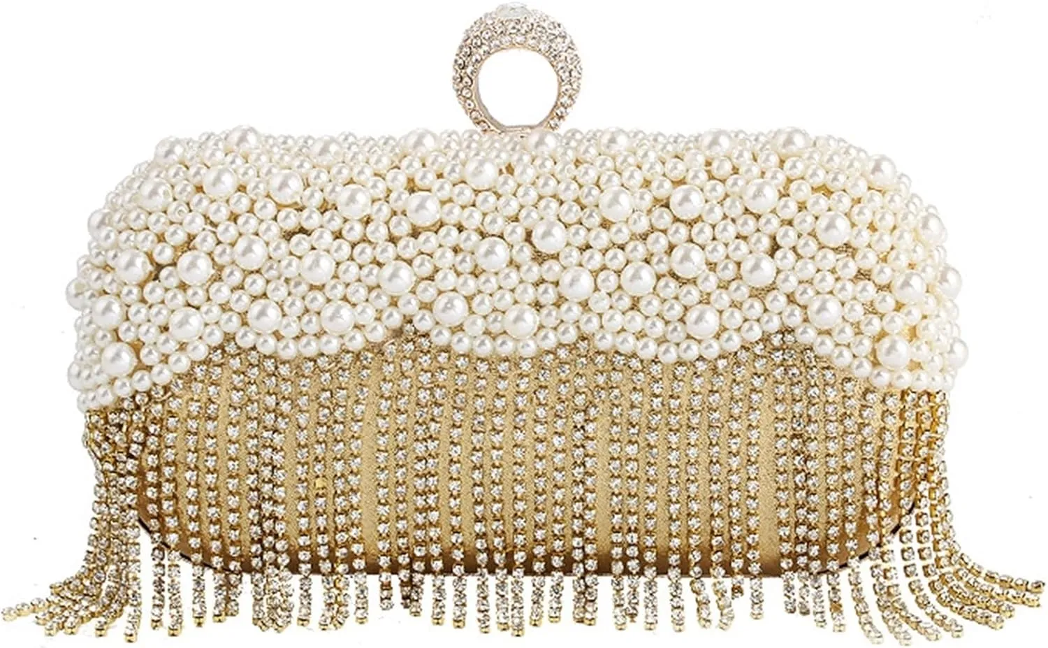 Sangeuhhlk Women's Rhinestone Tassels Evening Handbag Pearl Lady Party Wedding Clutch Purse Crystal Banquet Shoulder Bag(Gold)