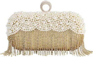 Sangeuhhlk Women's Rhinestone Tassels Evening Handbag Pearl Lady Party Wedding Clutch Purse Crystal Banquet Shoulder Bag(Gold)