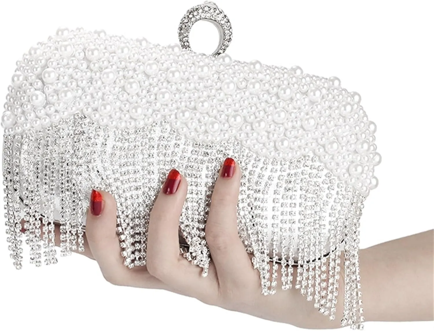 Sangeuhhlk Women's Rhinestone Tassels Evening Handbag Pearl Lady Party Wedding Clutch Purse Crystal Banquet Shoulder Bag(Gold)