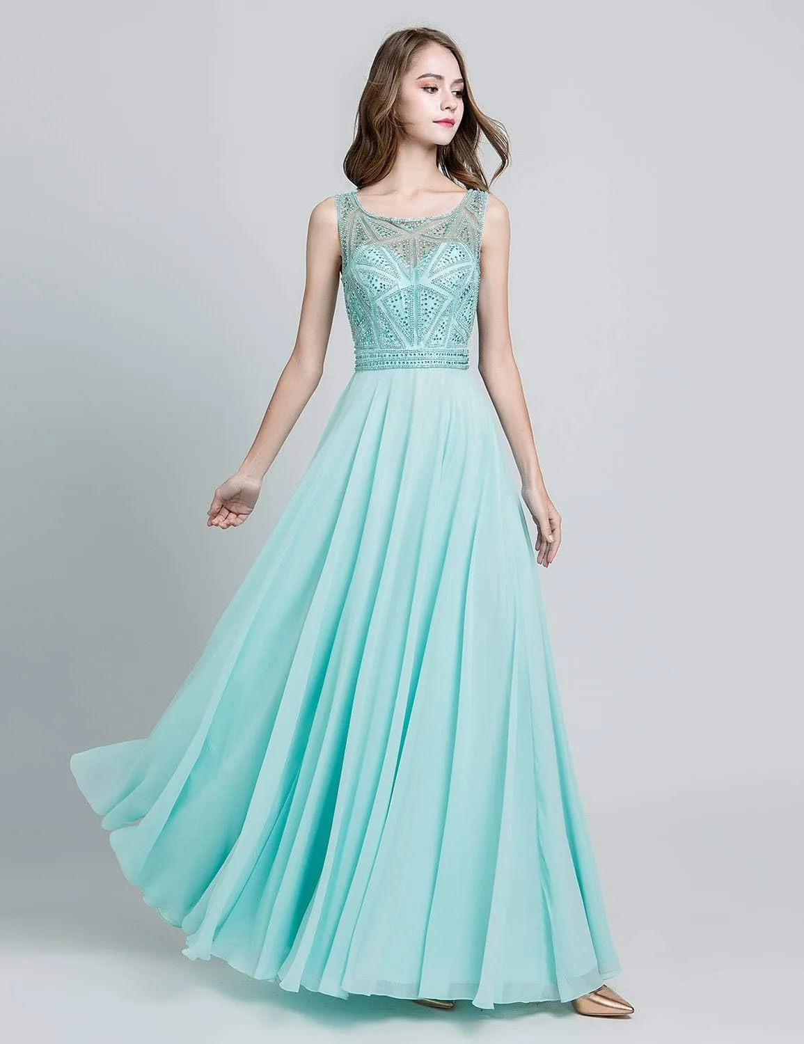 Sarahbridal Women's Long Chiffon A-line Beading Bridesmaid Dresses Prom Gowns
