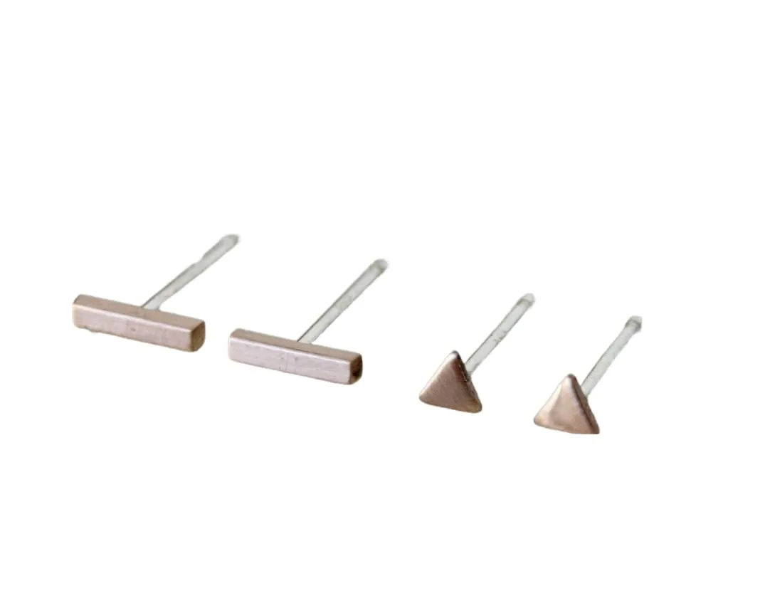Set of Two Pairs of Tiny Stud Earrings, Bar Earrings &Tiny Triangle Studs, Rose Gold Filled Stud Earrings, Geometric Studs, Minimal Earrings, Small