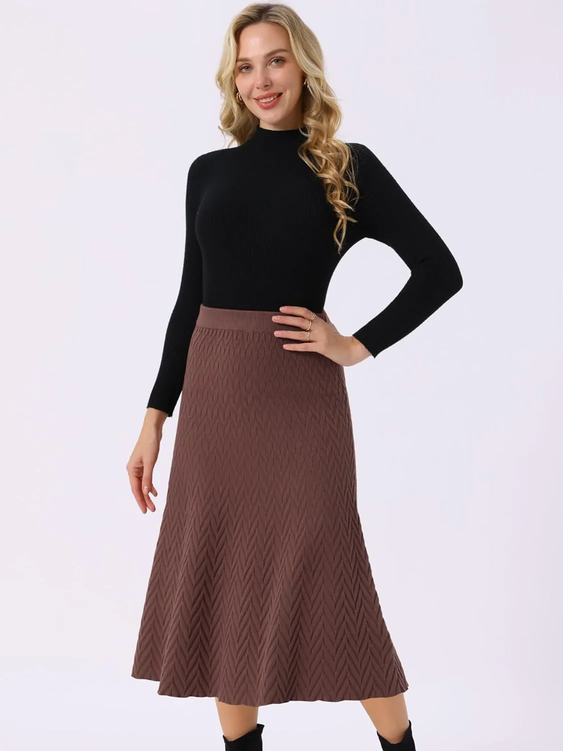 Seta T Women's Ribbed Knit A-Line Skirts Elastic High Waist Stretchy Sweater Midi Skirt