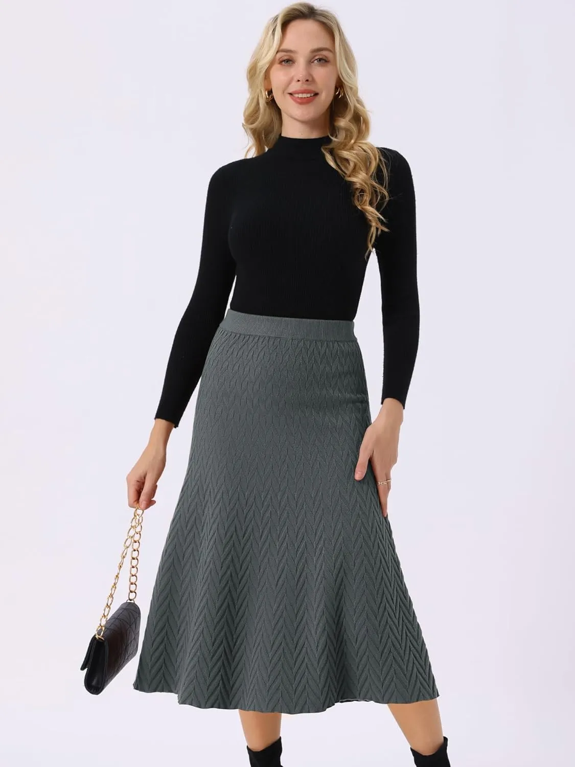 Seta T Women's Ribbed Knit A-Line Skirts Elastic High Waist Stretchy Sweater Midi Skirt
