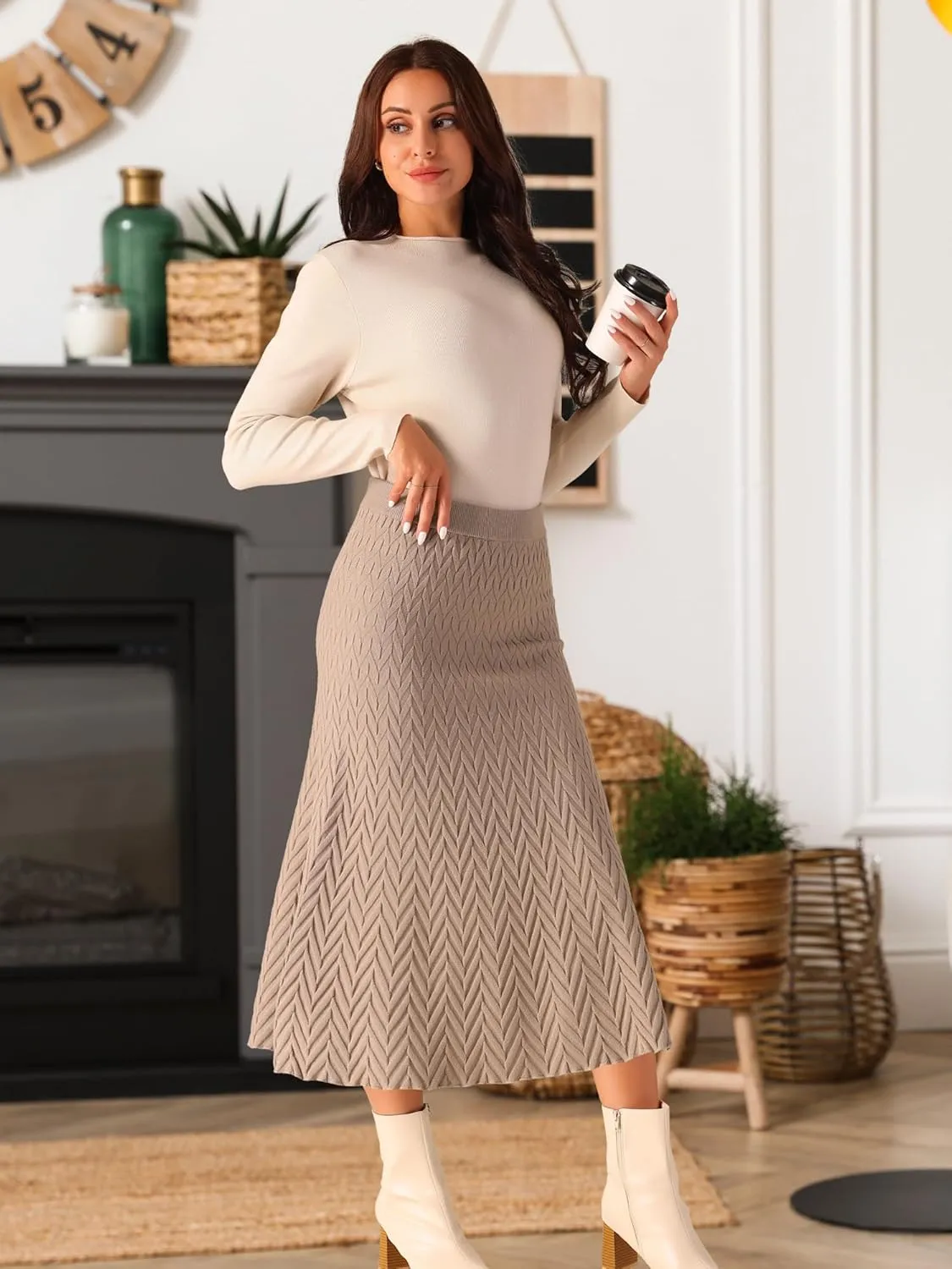 Seta T Women's Ribbed Knit A-Line Skirts Elastic High Waist Stretchy Sweater Midi Skirt
