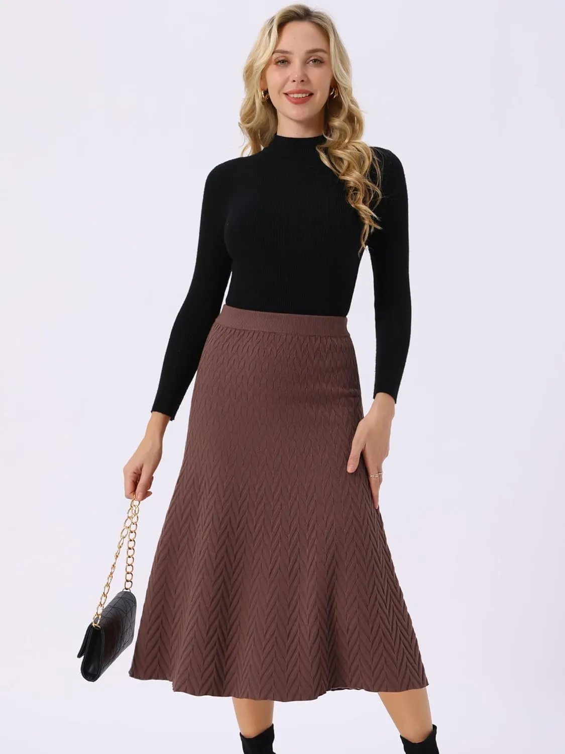 Seta T Women's Ribbed Knit A-Line Skirts Elastic High Waist Stretchy Sweater Midi Skirt