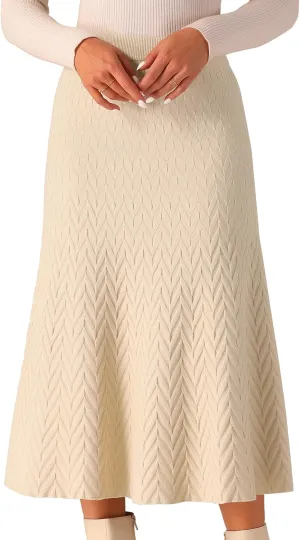 Seta T Women's Ribbed Knit A-Line Skirts Elastic High Waist Stretchy Sweater Midi Skirt