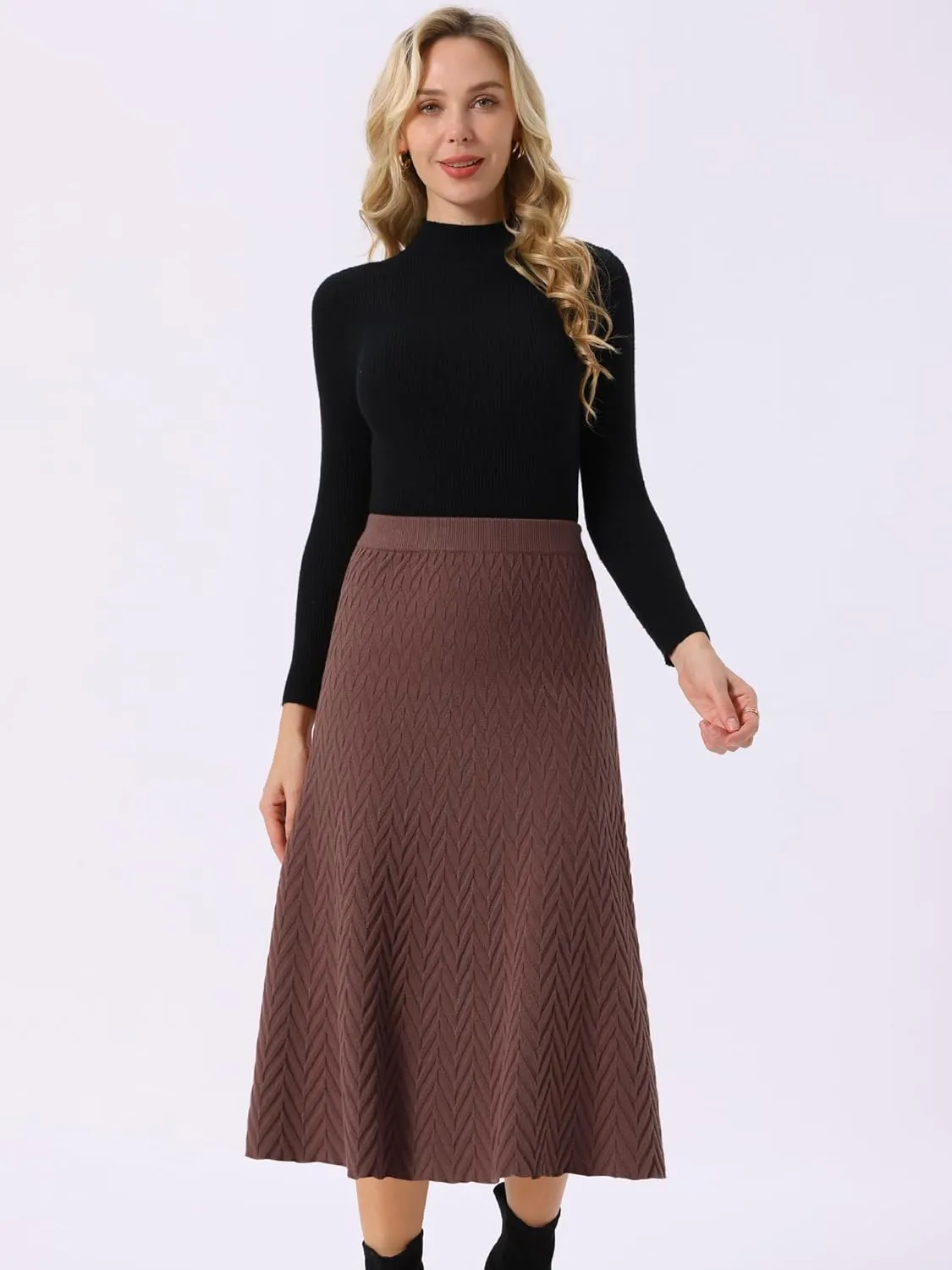 Seta T Women's Ribbed Knit A-Line Skirts Elastic High Waist Stretchy Sweater Midi Skirt