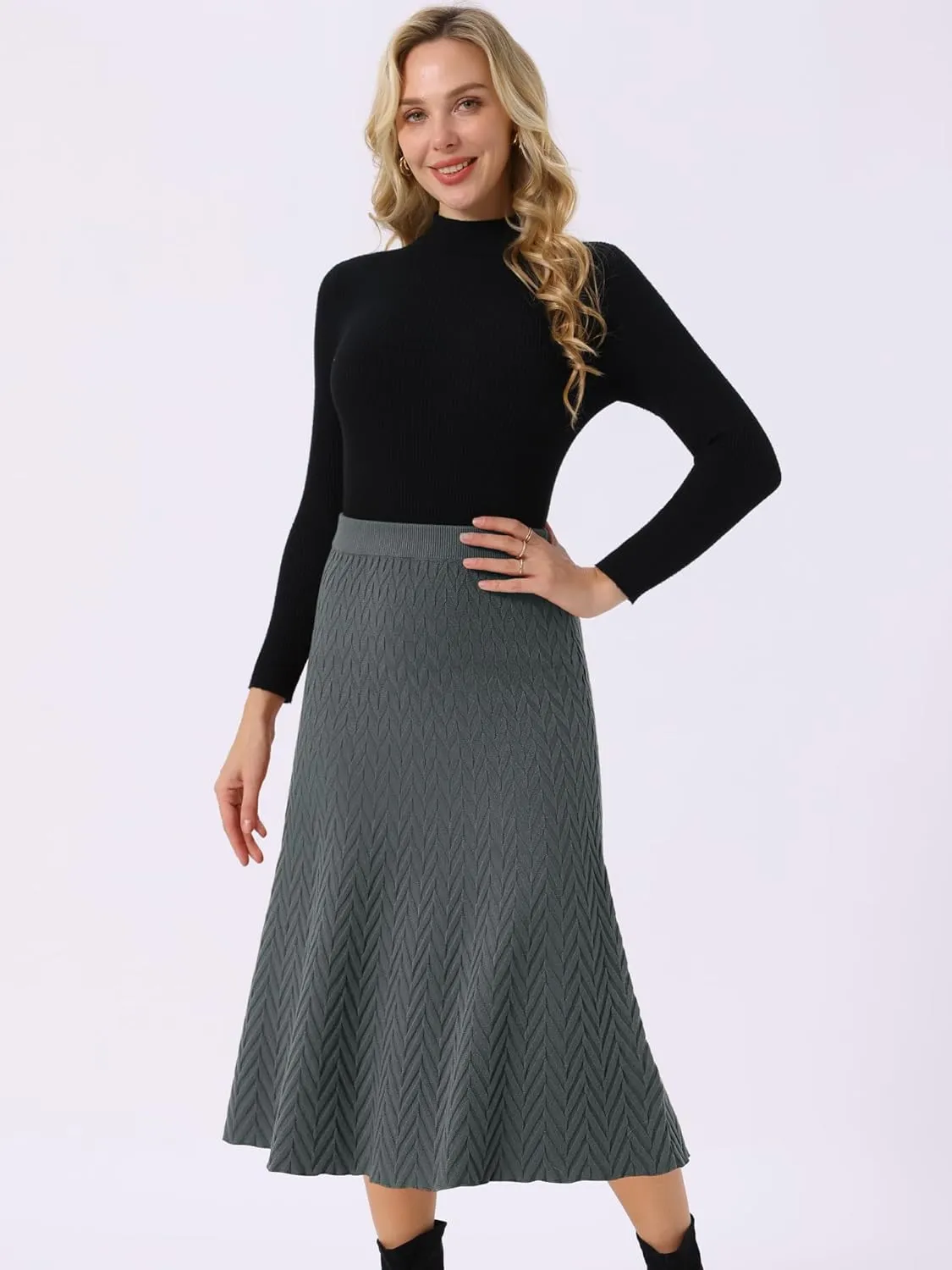 Seta T Women's Ribbed Knit A-Line Skirts Elastic High Waist Stretchy Sweater Midi Skirt