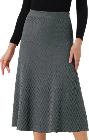 Seta T Women's Ribbed Knit A-Line Skirts Elastic High Waist Stretchy Sweater Midi Skirt