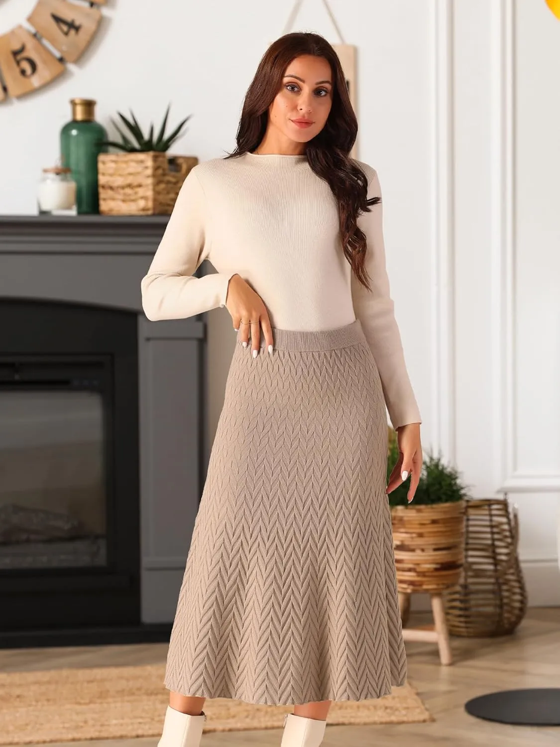 Seta T Women's Ribbed Knit A-Line Skirts Elastic High Waist Stretchy Sweater Midi Skirt