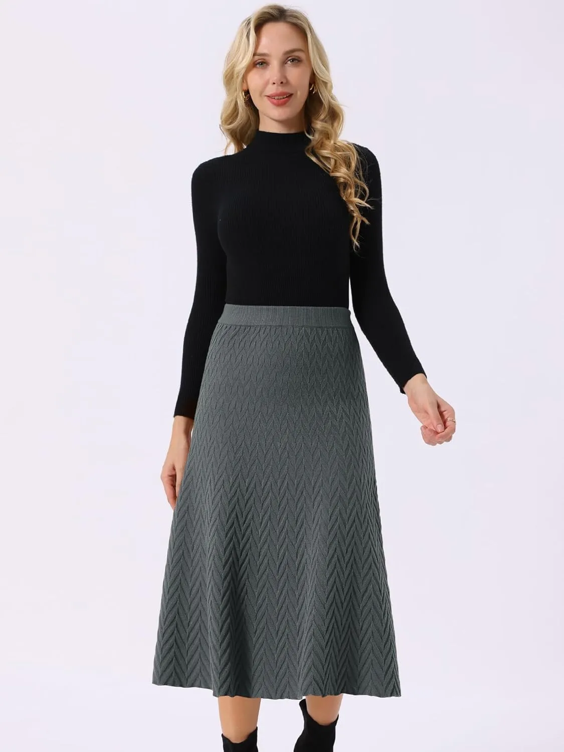 Seta T Women's Ribbed Knit A-Line Skirts Elastic High Waist Stretchy Sweater Midi Skirt