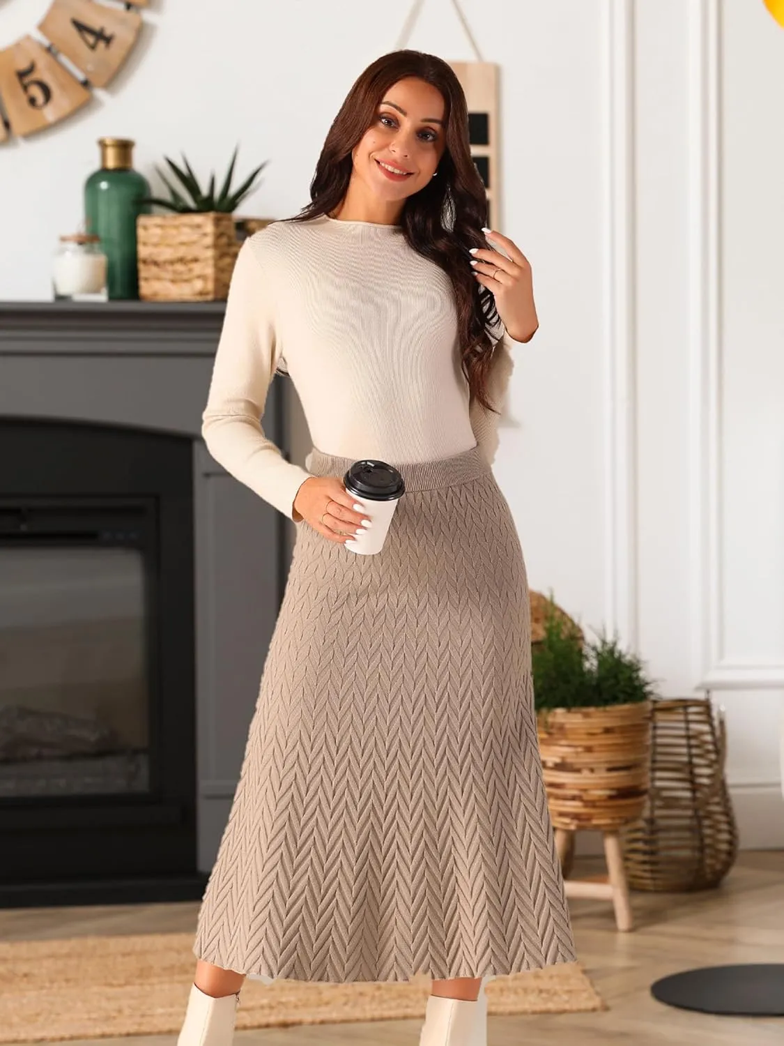 Seta T Women's Ribbed Knit A-Line Skirts Elastic High Waist Stretchy Sweater Midi Skirt