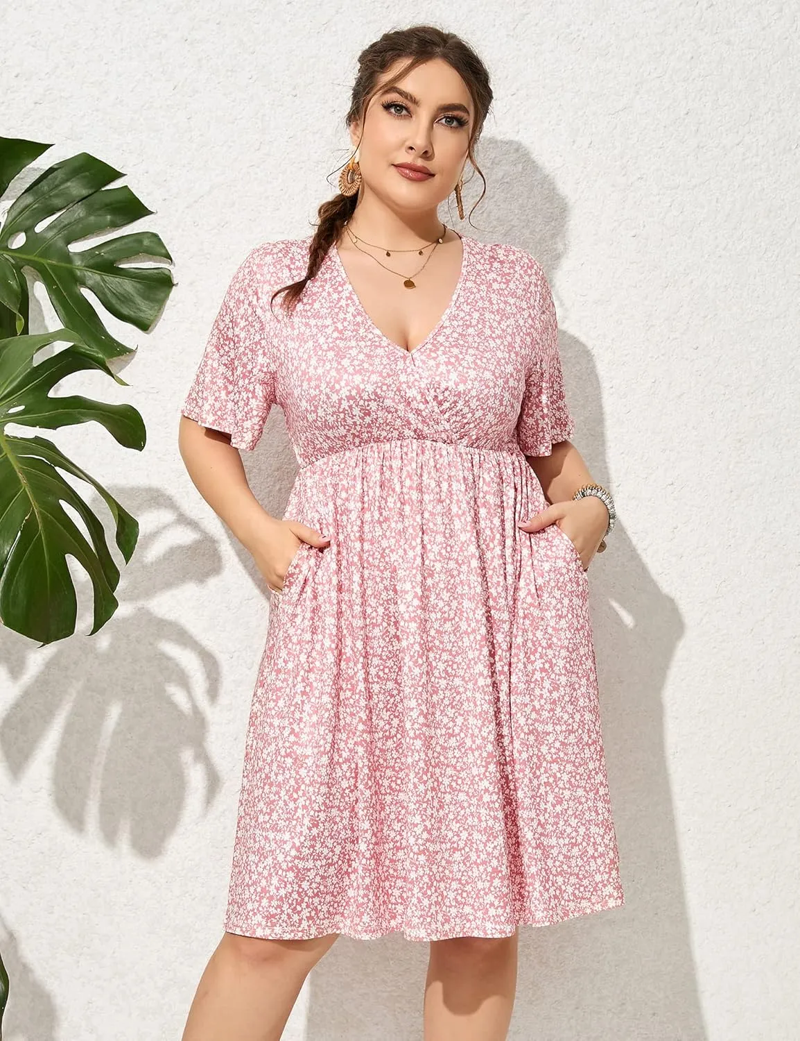 ShopWonder Plus Size Dress Women's V Neck A-Line Knee Length Wrap Swing Dresses Plus Size A Line Party Mini Dress