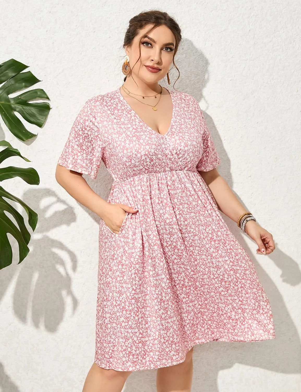 ShopWonder Plus Size Dress Women's V Neck A-Line Knee Length Wrap Swing Dresses Plus Size A Line Party Mini Dress