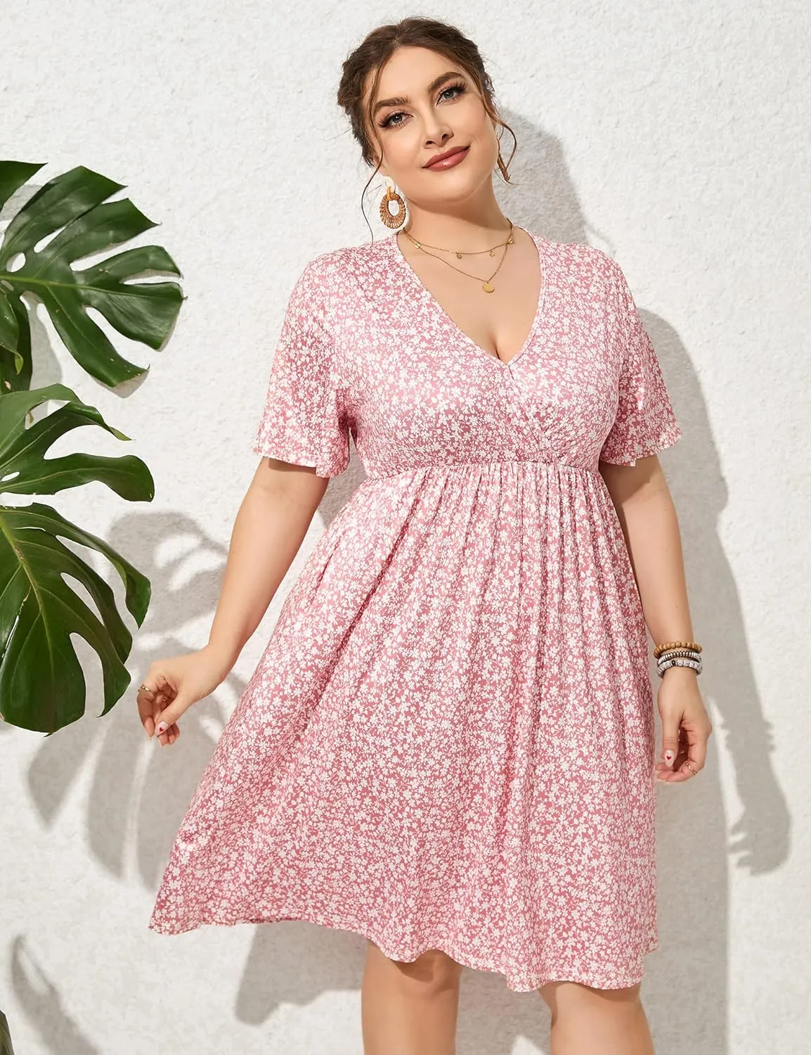 ShopWonder Plus Size Dress Women's V Neck A-Line Knee Length Wrap Swing Dresses Plus Size A Line Party Mini Dress