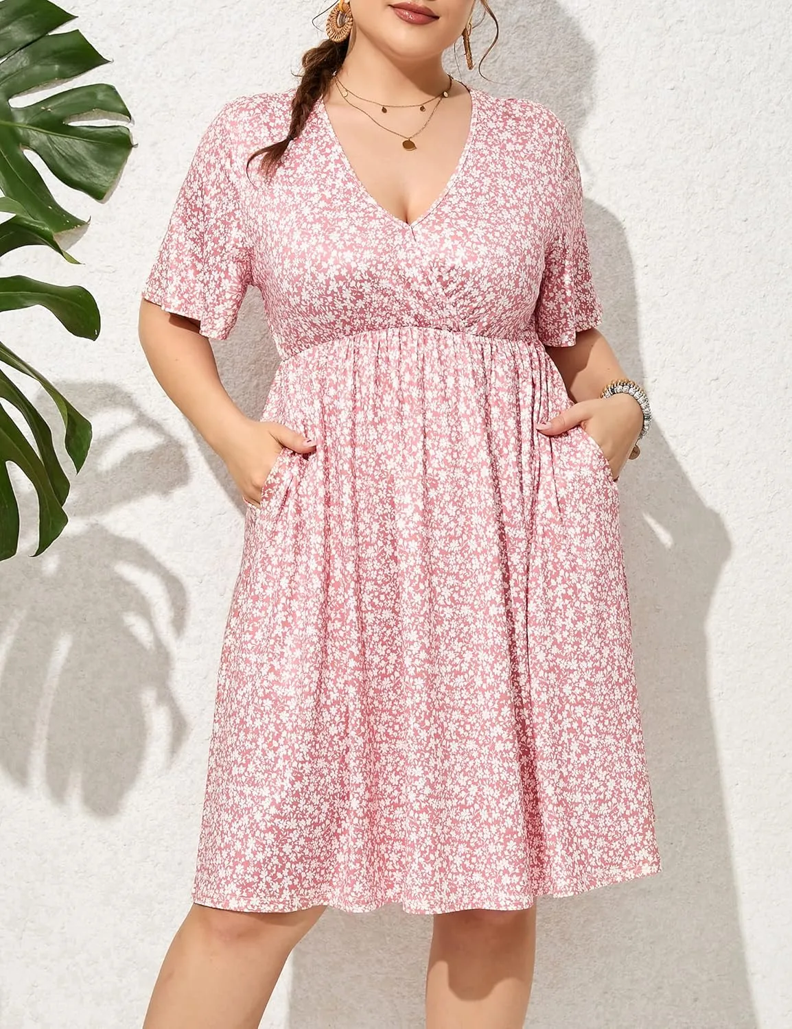 ShopWonder Plus Size Dress Women's V Neck A-Line Knee Length Wrap Swing Dresses Plus Size A Line Party Mini Dress