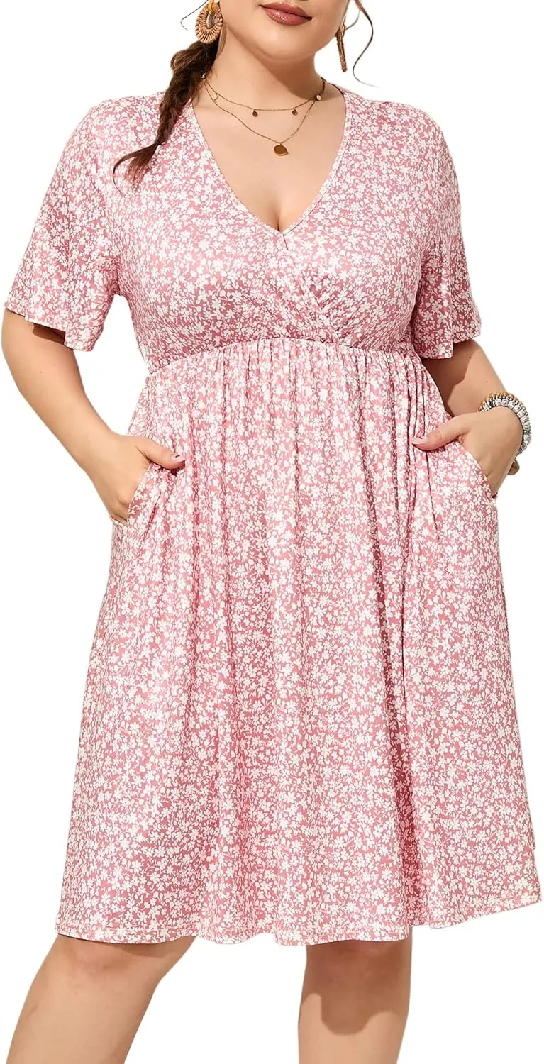 ShopWonder Plus Size Dress Women's V Neck A-Line Knee Length Wrap Swing Dresses Plus Size A Line Party Mini Dress