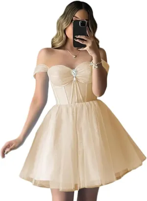 Short Cocktail Gown Sweetheart Prom Dresses Strapless A Line Sparkly Evening Party Dress with Diamond