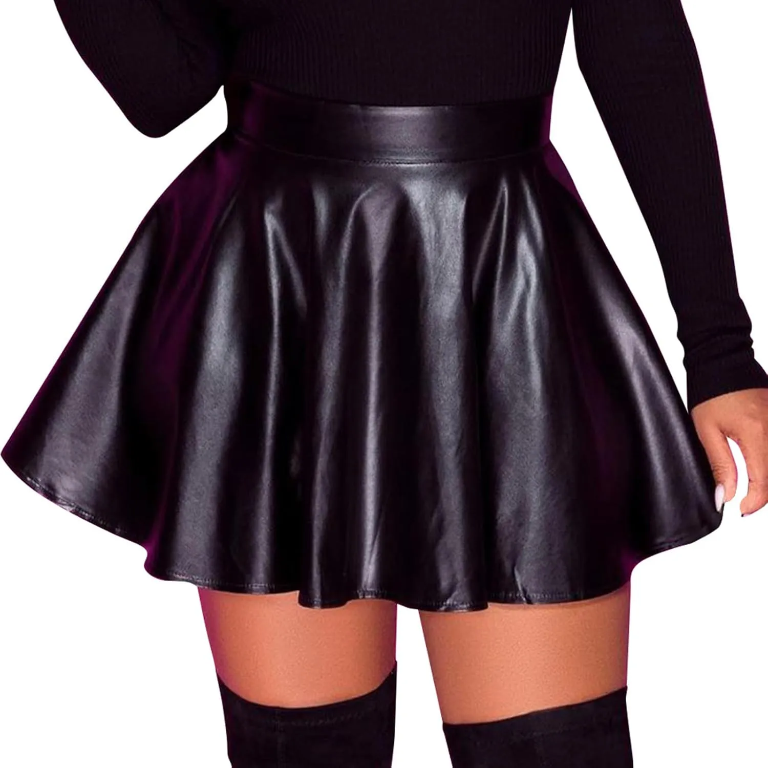 Short Pu Leather Skirts for Women Trendy Stretchy High Waisted Zipper Pleated A Line Casual Flowy Mini Skir