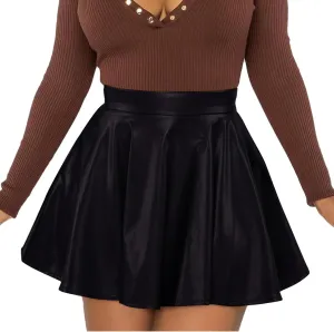 Short Pu Leather Skirts for Women Trendy Stretchy High Waisted Zipper Pleated A Line Casual Flowy Mini Skir