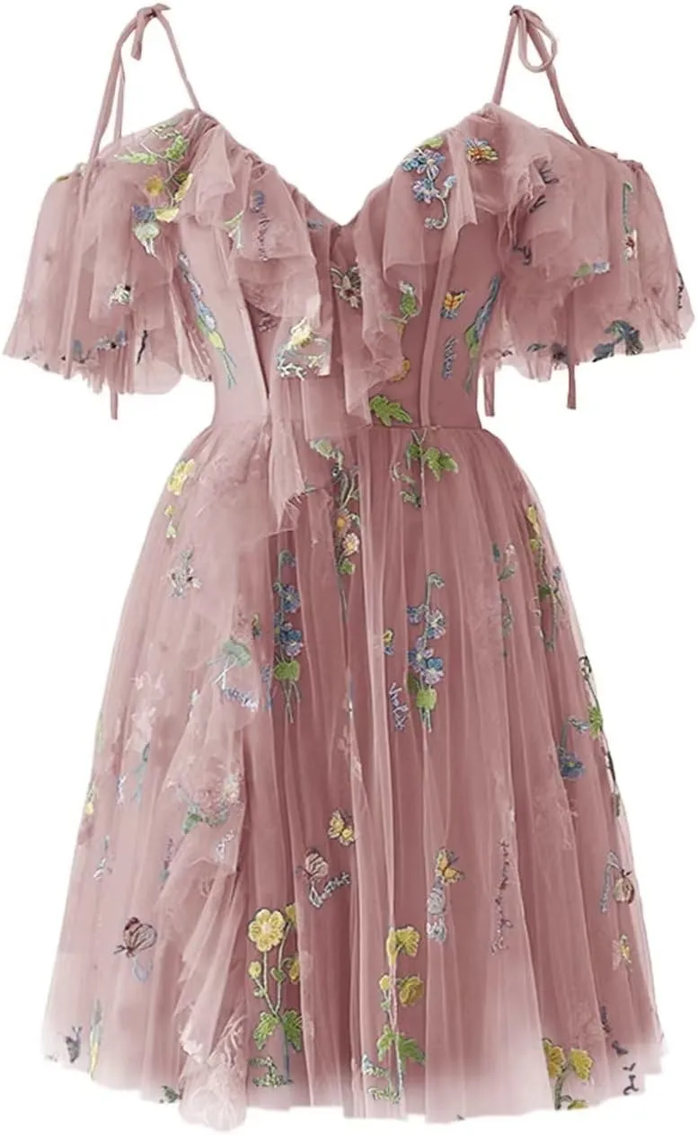 Short Tulle Homecoming Dresses for Teens Flower Embroidery Ruffle Mini Fairy Cocktail Party Gowns