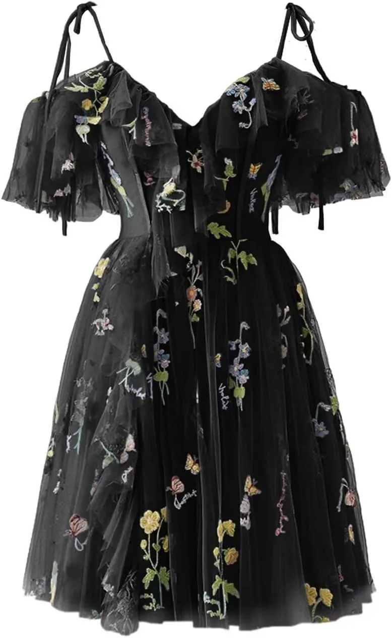 Short Tulle Homecoming Dresses for Teens Flower Embroidery Ruffle Mini Fairy Cocktail Party Gowns