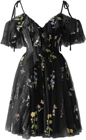 Short Tulle Homecoming Dresses for Teens Flower Embroidery Ruffle Mini Fairy Cocktail Party Gowns