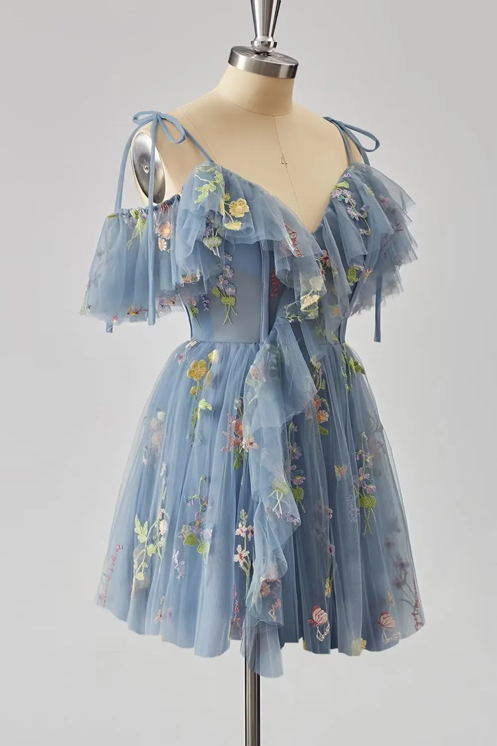 Short Tulle Homecoming Dresses for Teens Flower Embroidery Ruffle Mini Fairy Cocktail Party Gowns
