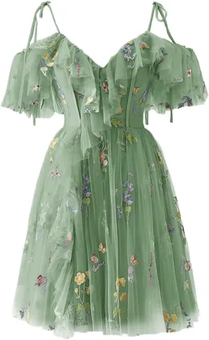 Short Tulle Homecoming Dresses for Teens Flower Embroidery Ruffle Mini Fairy Cocktail Party Gowns