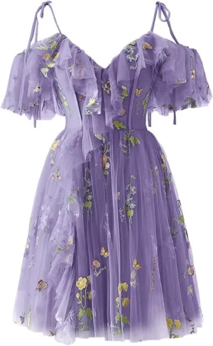 Short Tulle Homecoming Dresses for Teens Flower Embroidery Ruffle Mini Fairy Cocktail Party Gowns