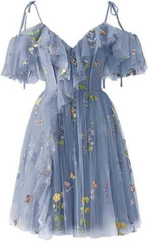 Short Tulle Homecoming Dresses for Teens Flower Embroidery Ruffle Mini Fairy Cocktail Party Gowns