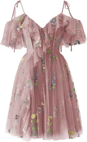 Short Tulle Homecoming Dresses for Teens Flower Embroidery Ruffle Mini Fairy Cocktail Party Gowns