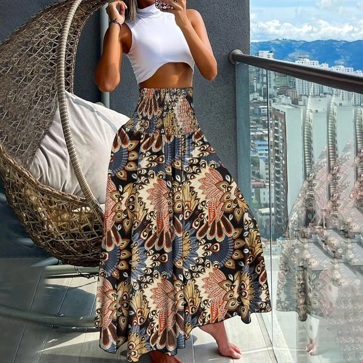 Skirts for Women Trendy Ruffle Smocked High Waist Stretch Bohemian Skirts Fashion Vintage Floral Boho Maxi Skirts