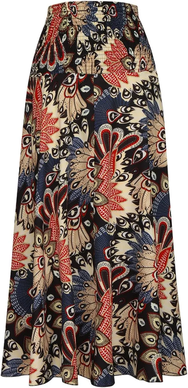 Skirts for Women Trendy Ruffle Smocked High Waist Stretch Bohemian Skirts Fashion Vintage Floral Boho Maxi Skirts