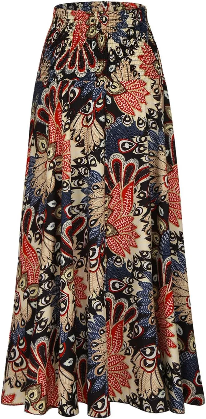 Skirts for Women Trendy Ruffle Smocked High Waist Stretch Bohemian Skirts Fashion Vintage Floral Boho Maxi Skirts
