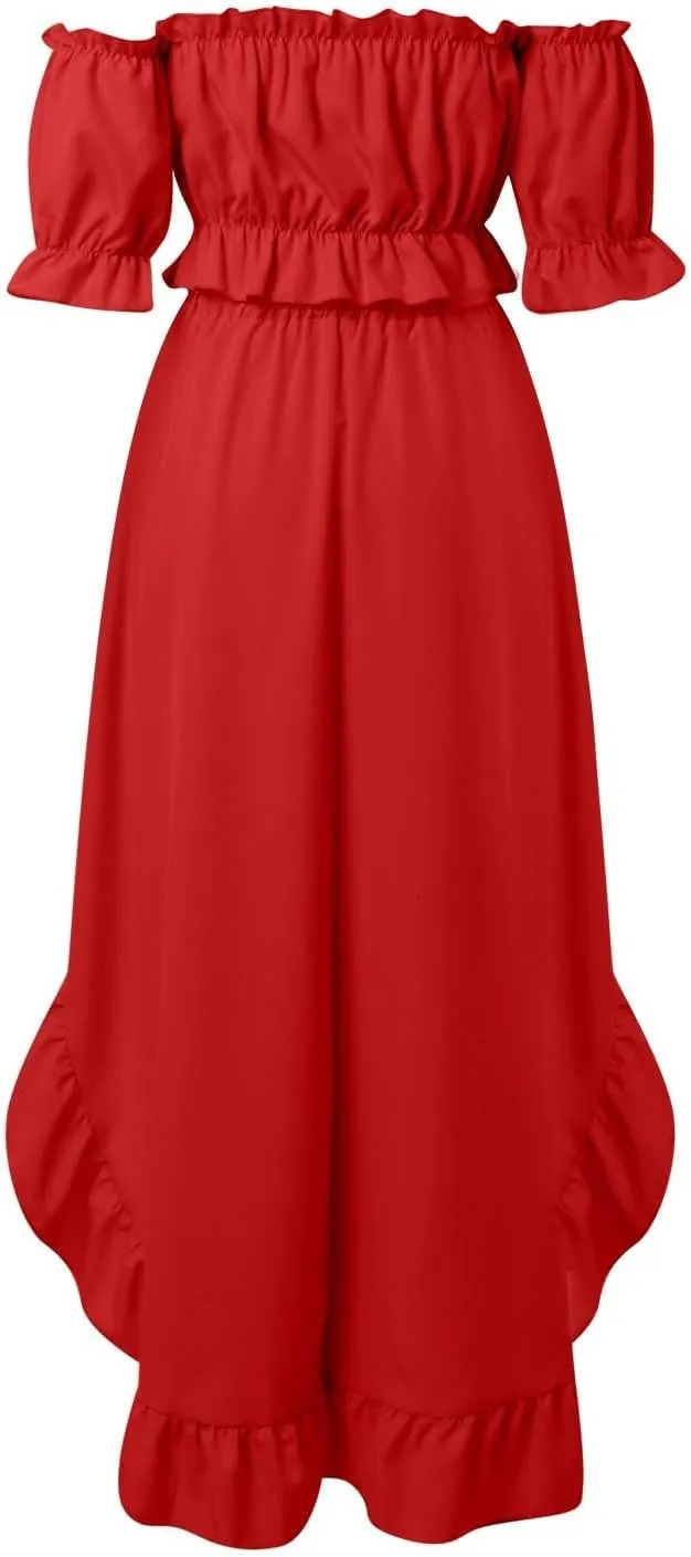 Skirts Sets Women 2 Piece Outfits Summer Off Shoulder Ruffle Trim Puff Sleeve Tube Crop High Waist Flowy Maxi Skirt