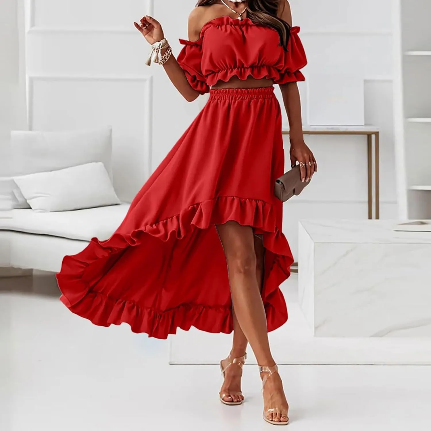 Skirts Sets Women 2 Piece Outfits Summer Off Shoulder Ruffle Trim Puff Sleeve Tube Crop High Waist Flowy Maxi Skirt