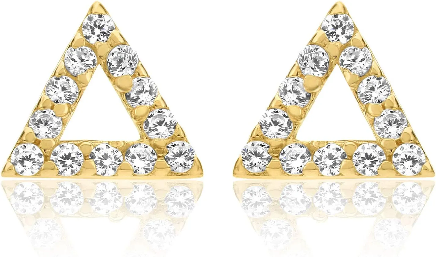 Solid 14K Yellow Gold Minimalism Triangle Stud Earrings Geometric with CZ