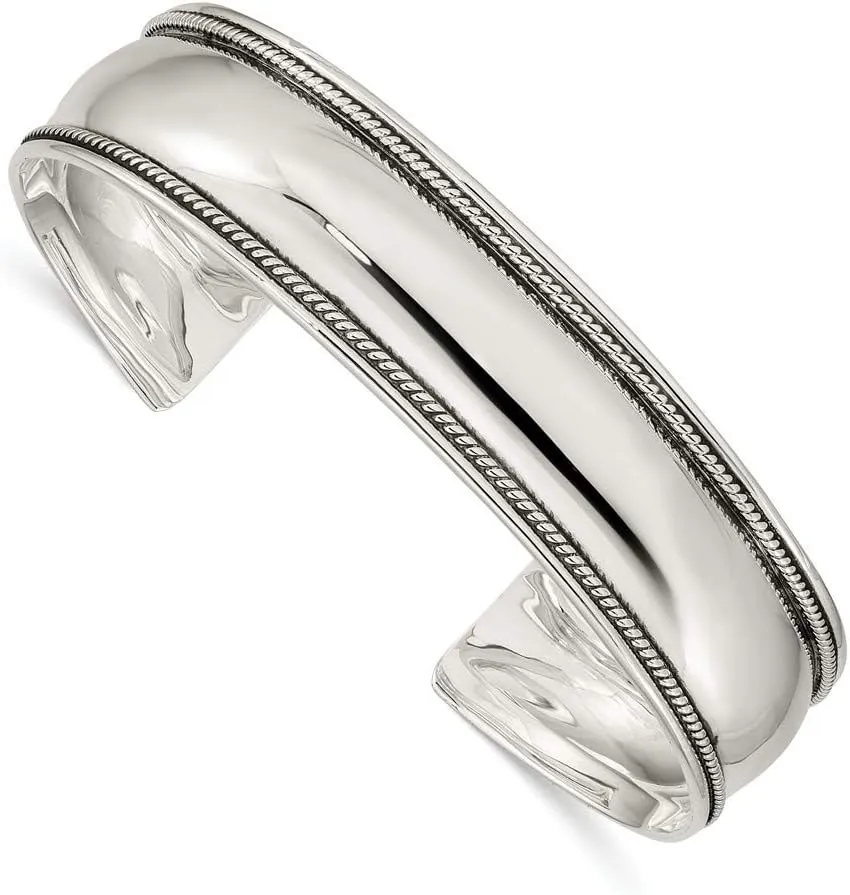 Solid 925 Sterling Silver 14.5mm Vintage Antiqued Cuff Bangle Bracelet