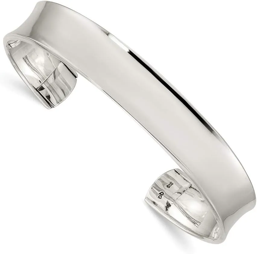 Solid 925 Sterling Silver Concave Cuff Bangle Bracelet (Width = 10mm)