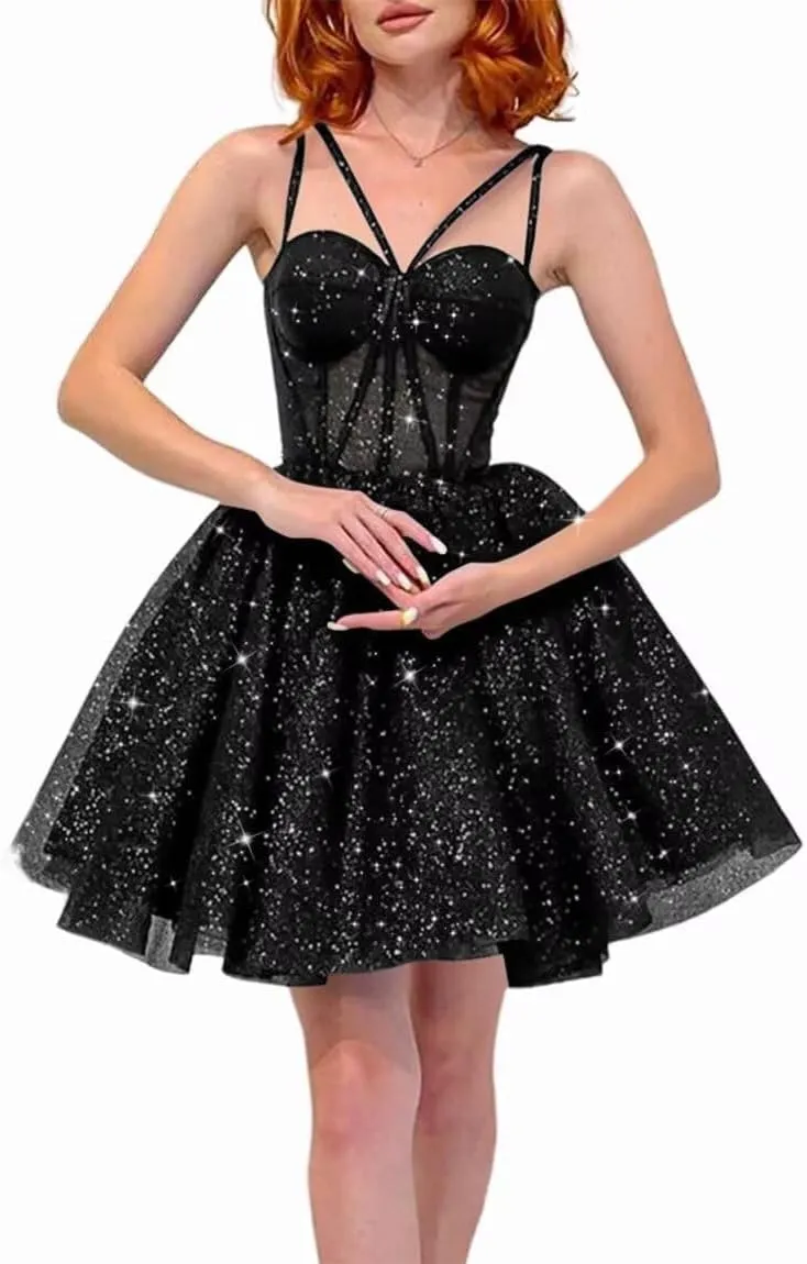 Sparkly Tulle Homecoming Dresses for Teens A Line Spaghetti Straps Short Prom Dress A Line Cocktail Gowns
