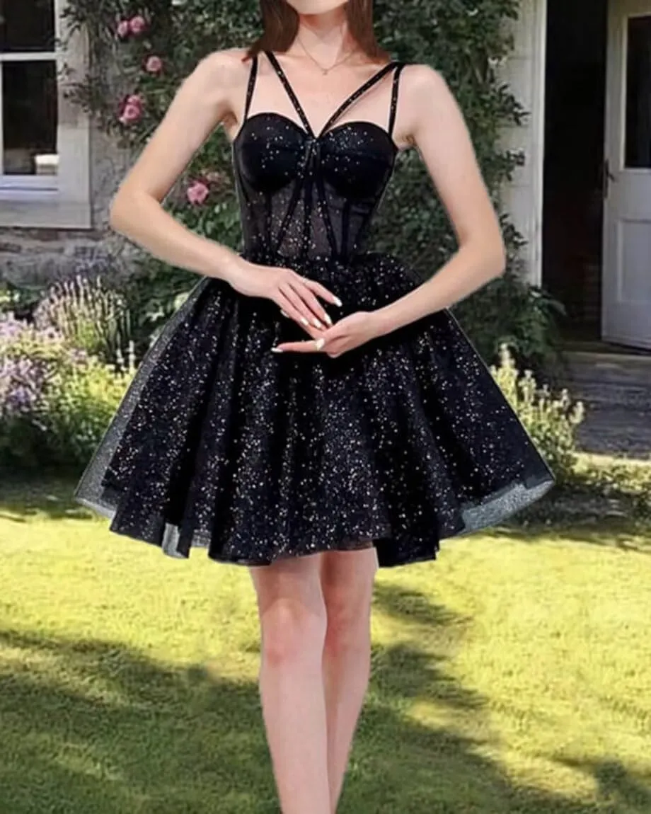 Sparkly Tulle Homecoming Dresses for Teens A Line Spaghetti Straps Short Prom Dress A Line Cocktail Gowns