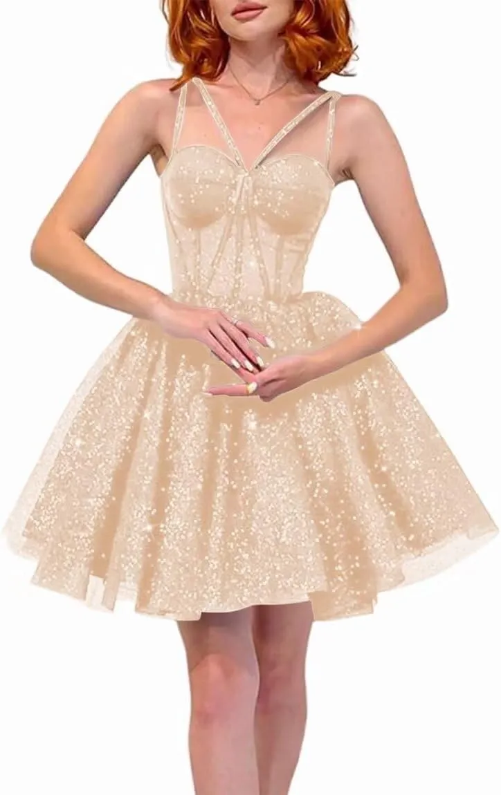 Sparkly Tulle Homecoming Dresses for Teens A Line Spaghetti Straps Short Prom Dress A Line Cocktail Gowns