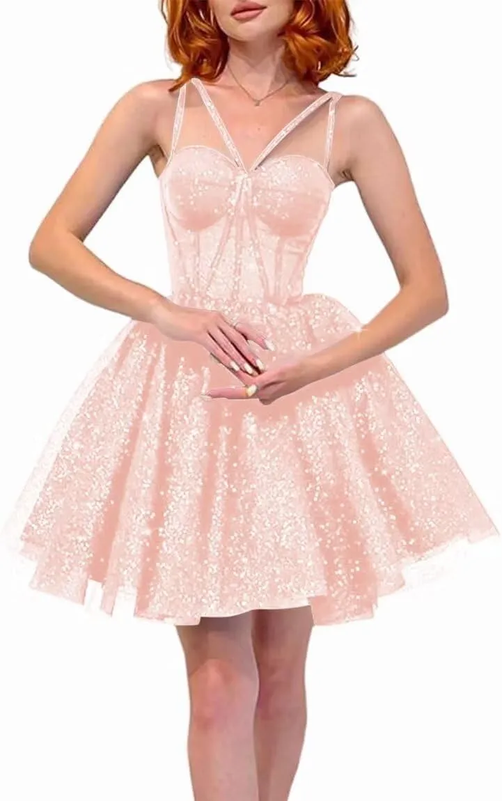 Sparkly Tulle Homecoming Dresses for Teens A Line Spaghetti Straps Short Prom Dress A Line Cocktail Gowns