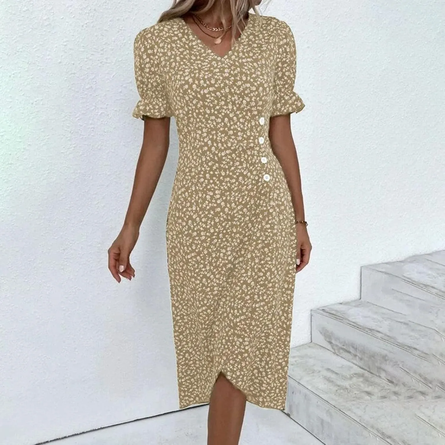 Spring Dresses for Women 2025 V Neck Puff Sleeves Elegant Wrap Midi Dress Boho Flowy Ruched Irregular Hem Beach Dress