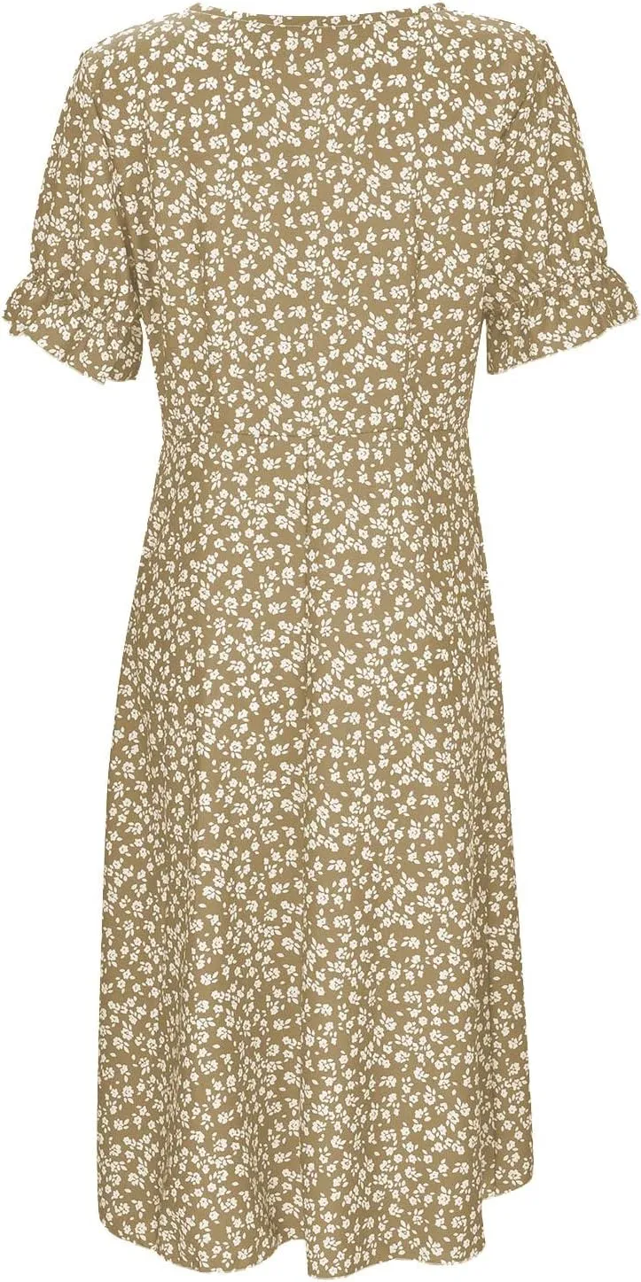 Spring Dresses for Women 2025 V Neck Puff Sleeves Elegant Wrap Midi Dress Boho Flowy Ruched Irregular Hem Beach Dress
