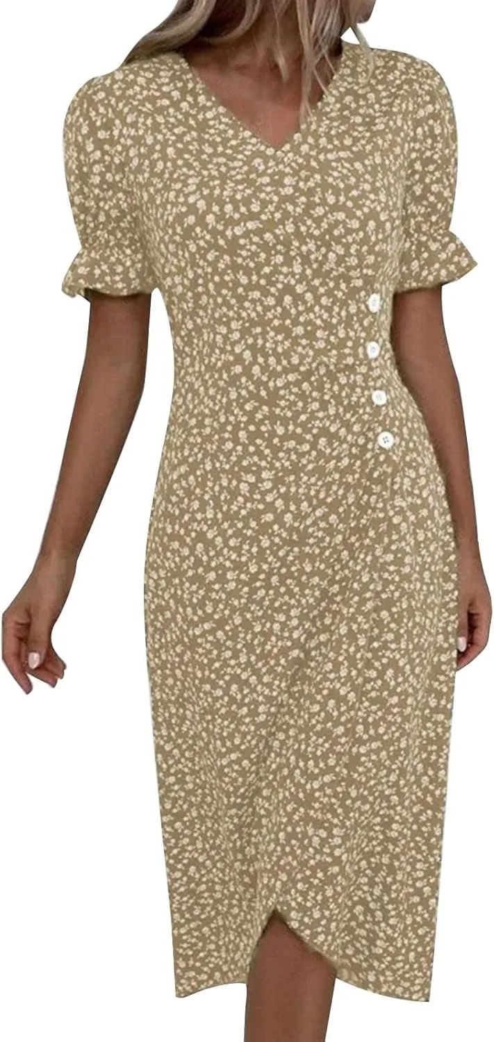 Spring Dresses for Women 2025 V Neck Puff Sleeves Elegant Wrap Midi Dress Boho Flowy Ruched Irregular Hem Beach Dress