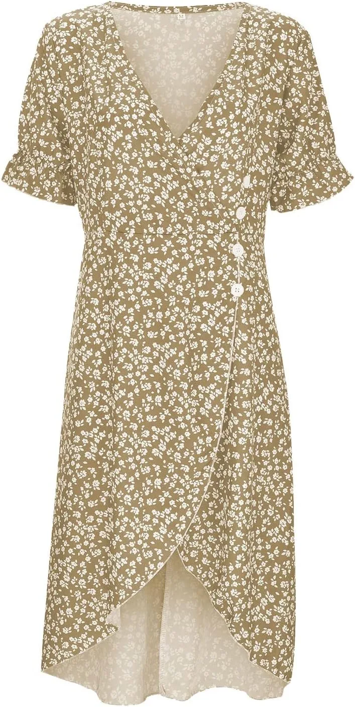 Spring Dresses for Women 2025 V Neck Puff Sleeves Elegant Wrap Midi Dress Boho Flowy Ruched Irregular Hem Beach Dress